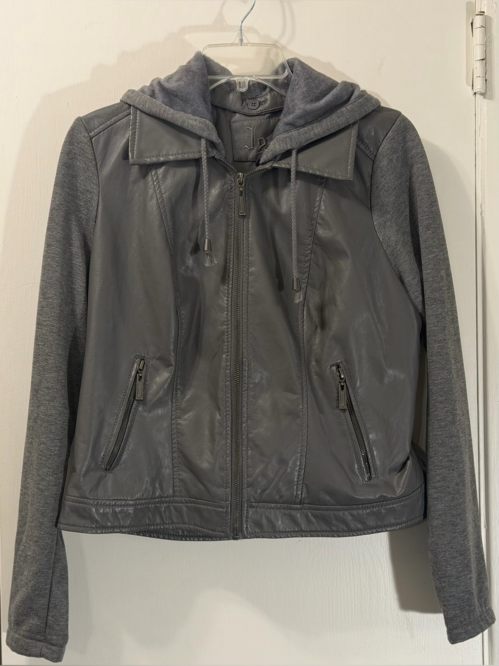 Gray Hooded Faux Leather and Knit Jacket